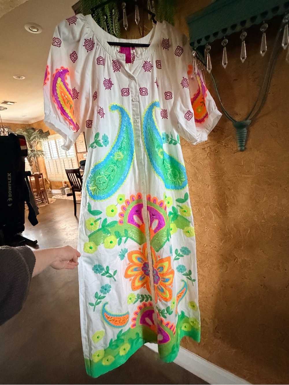 QUEEN OF SPARKLES BNWT White Dress with Neon Green, Pink & Orange Embroidery